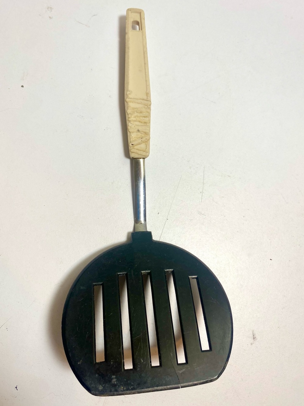 Vintage KOCO Japan Slotted Turner Spatula Black Cream Retro Kitchen